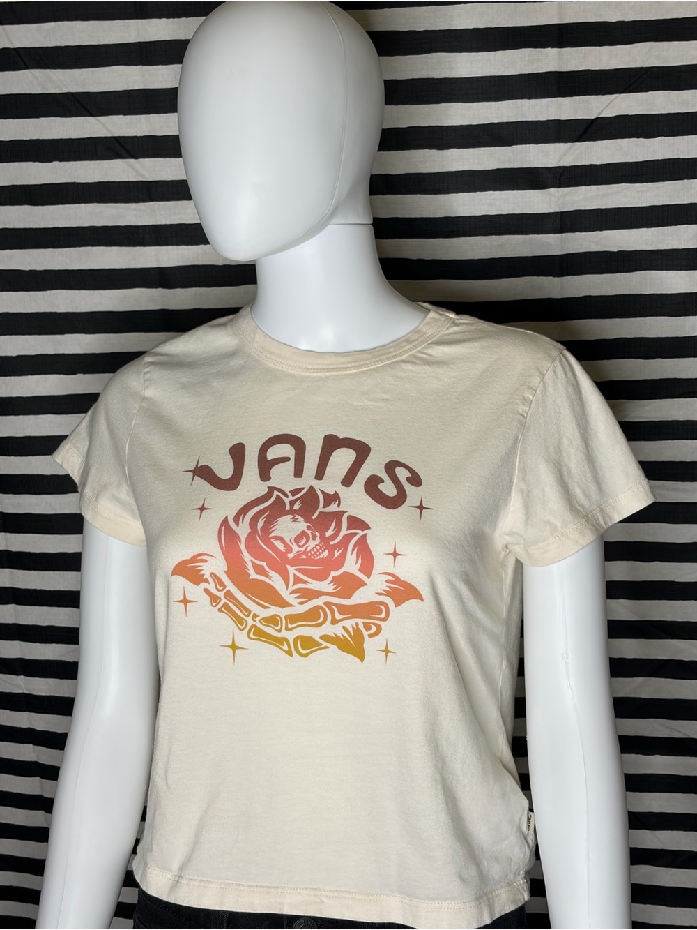 Vans Cream Tee with Rose Skull Graphic